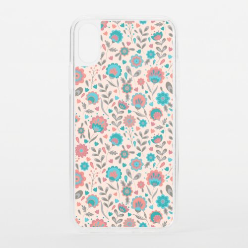 Teal  Coral Folk Art Floral Pattern iPhone XS Case