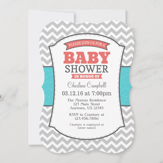Teal Coral Gray Chevron Baby Shower Invitation (Front)
