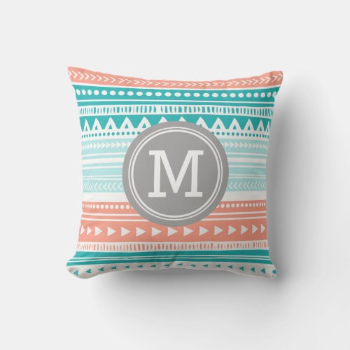 Teal Coral Grey Tribal Monogram Decorative Pillow