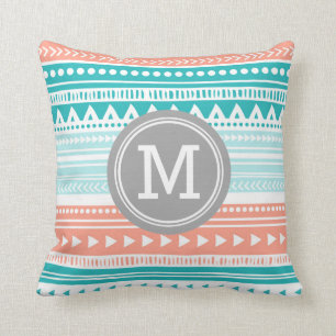 Teal Coral Grey Tribal Monogram Decorative Pillow