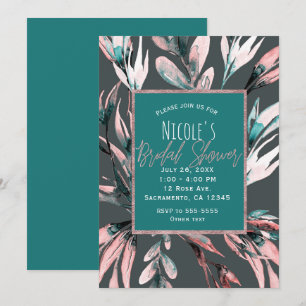 Teal Coral Grey Watercolor Botanical Bridal Shower Invitation