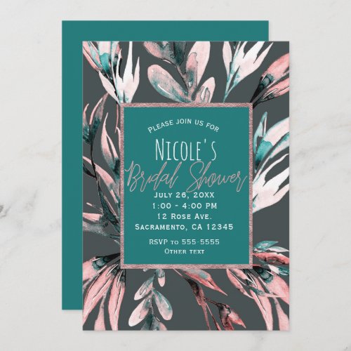 Teal Coral Grey Watercolor Botanical Bridal Shower Invitation