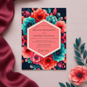 Teal Coral Lush Bloom Wedding Invitation