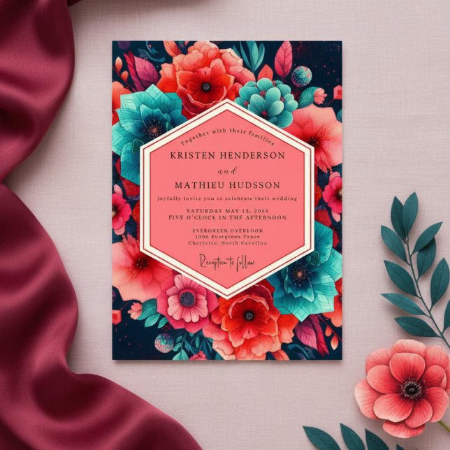 Teal Coral Lush Bloom Wedding Invitation (Creator Uploaded)