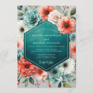 Teal Coral Lush Succulent Wedding Invitation