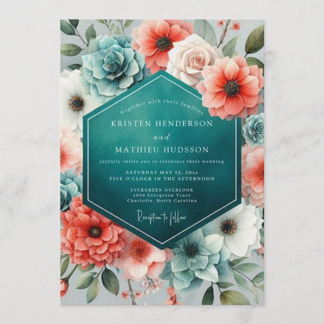 Teal Coral Lush Succulent Wedding Invitation (Front)