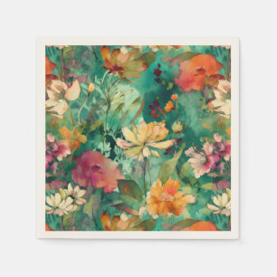 Teal, Coral & Mauve Modern Art Floral Napkins