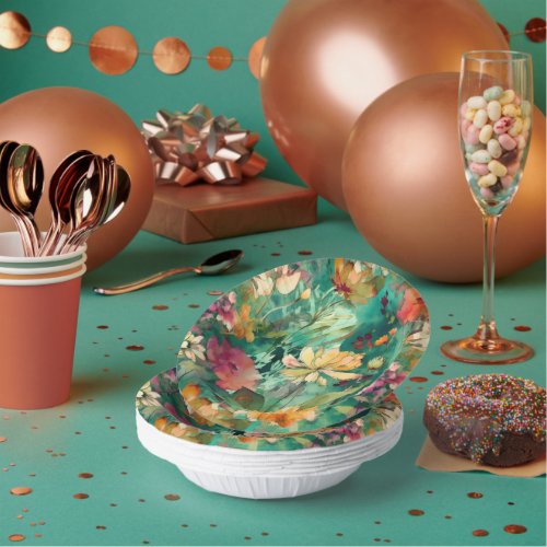 Teal Coral  Mauve Modern Art Floral Paper Bowls