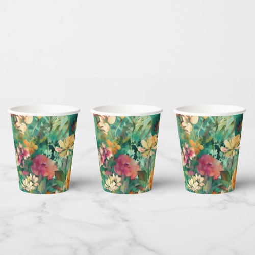 Teal Coral  Mauve Modern Art Floral Paper Cups