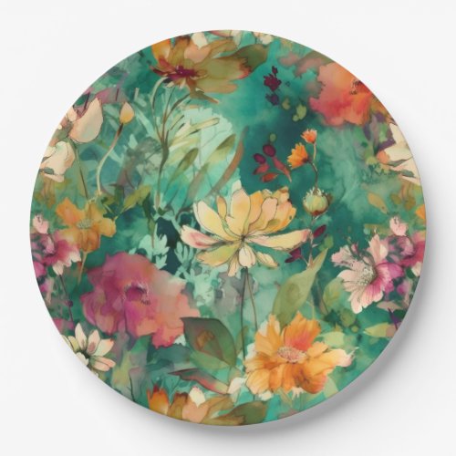 Teal Coral  Mauve Modern Art Floral Paper Plates