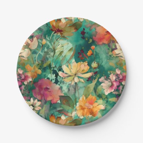 Teal Coral  Mauve Modern Art Floral Paper Plates