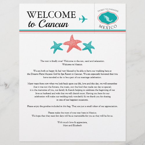 Teal Coral Mexico Wedding Welcome Letter