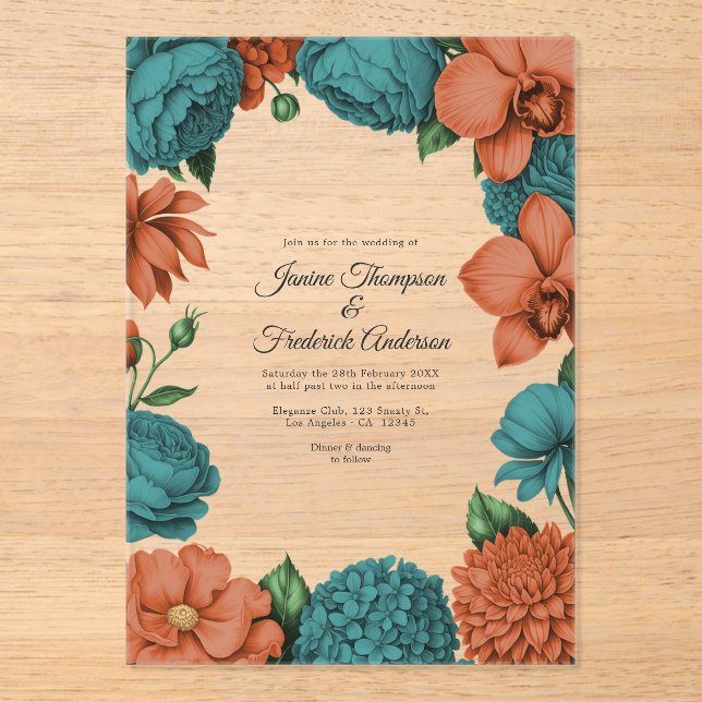 Teal & Coral Modern Botanical Wedding Acrylic Invitations (Front)
