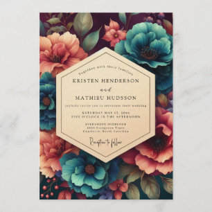Teal & Coral Moody Botanical Wedding Invitation