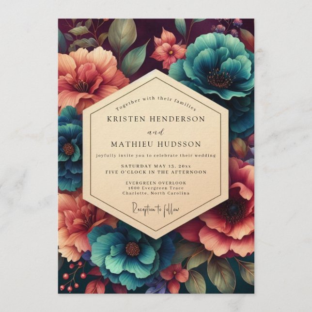 Teal & Coral Moody Botanical Wedding Invitation (Front)