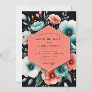 Teal Coral Moody Flora Wedding Invitation