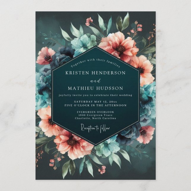 Teal Coral Nocturnal Bloom Wedding Invitation (Front)
