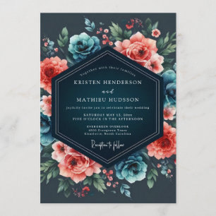 Teal & Coral Nocturnal Bloom Wedding Invitation