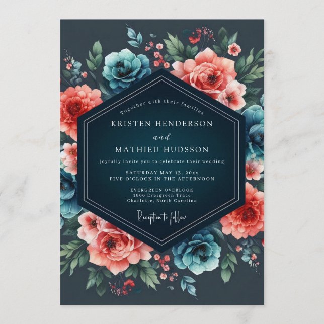 Teal & Coral Nocturnal Bloom Wedding Invitation (Front)