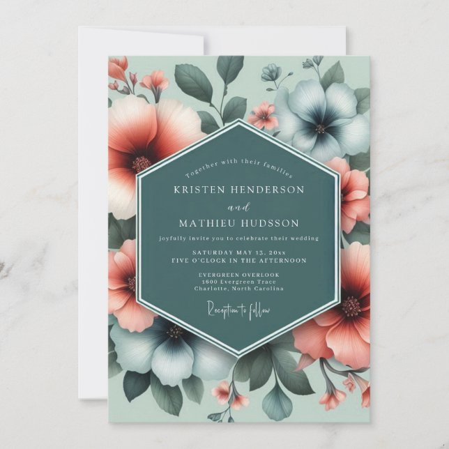 Teal Coral Opulent Bloom Wedding Invitation (Front)