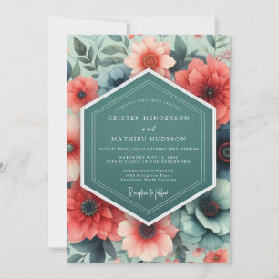 Teal Coral Opulent Flora Wedding Invitation