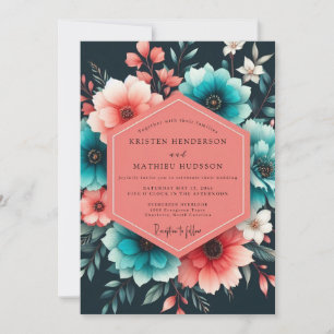 Teal Coral Painterly Bloom Wedding Invitation