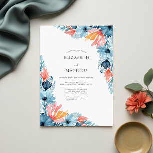 Teal Coral Painterly Bloom Wedding Invitation