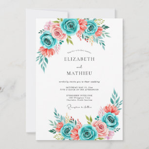Teal Coral Painterly Blossom Wedding Invitation
