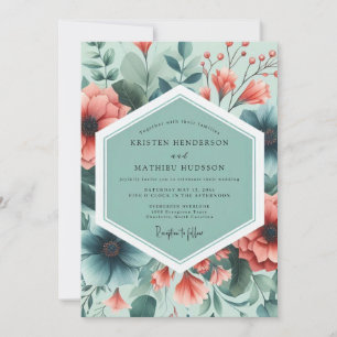 Teal Coral Painterly Flora Wedding Invitation