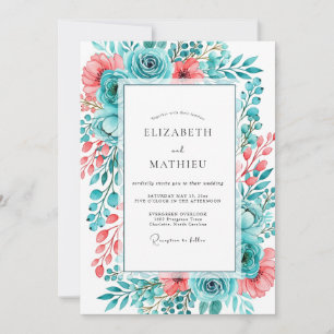 Teal Coral Painterly Romance Wedding Invitation