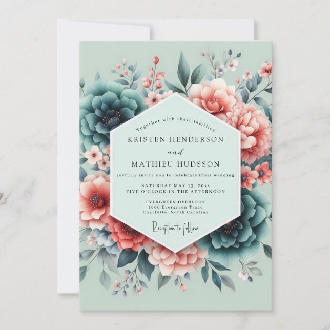Teal Coral Painterly Wedding Invitation (Front)