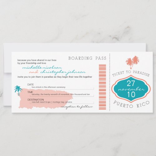 Teal Coral Palm Tree Boarding Pass Puerto Rico Invitation