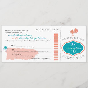 Teal Coral Palm Tree Boarding Pass Puerto Rico Invitation
