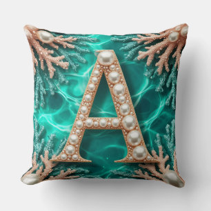 🌊Teal Coral Pearl Monogram Letter A Gift 🌊 Throw Pillow