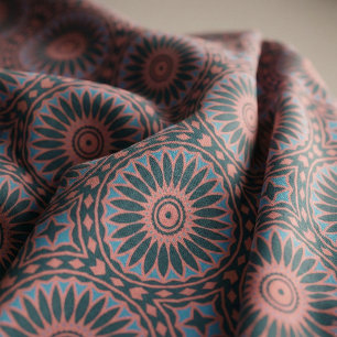 Teal Coral Pink Boho Geometric Mosaic Mandala Fabric