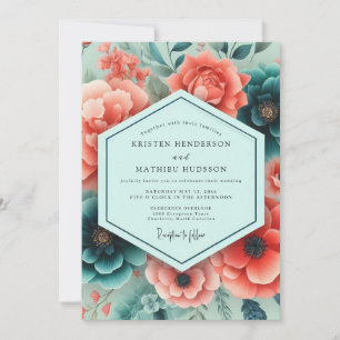 Teal Coral Rich Botanical Wedding Invitation
