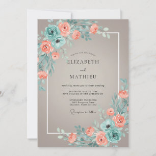 Teal Coral Romantic Blossom Wedding Invitation