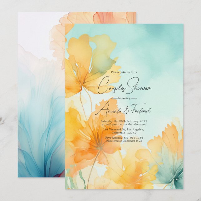 Teal Coral & Soft Yellow Sunset Couples Shower Invitation (Front/Back)