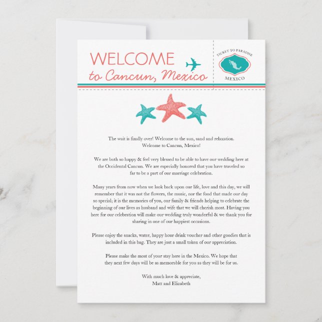 Teal Coral Starfish Mexico Wedding Welcome Invitation (Front)