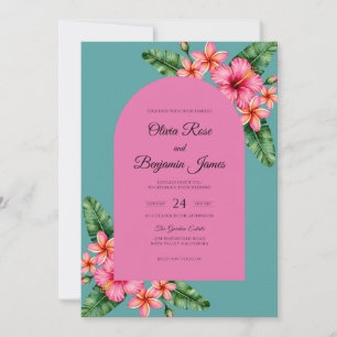 Teal Coral Tropical Eucalyptus Wedding Invitation