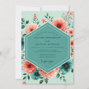 Teal Coral Vibrant Bloom Wedding Invitation