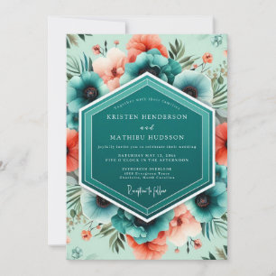 Teal Coral Vivid Botanical Wedding Invitation
