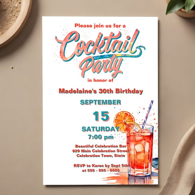 Teal Coral Watercolor Cocktail 30th Birthday Party Invitation (Creator Uploaded)