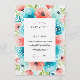 Teal Coral Watercolor Floral Wedding Invitation