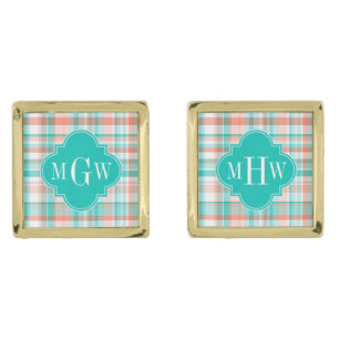 Teal Coral White Preppy Madras Monogram Cufflinks