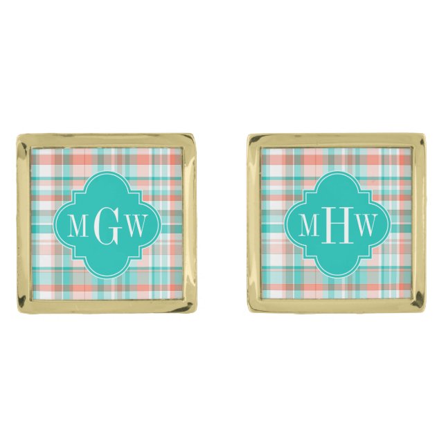 Teal Coral White Preppy Madras Monogram Cufflinks (Front)