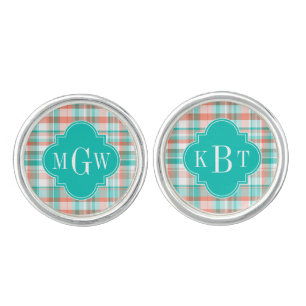 Teal Coral White Preppy Madras Monogram Cufflinks