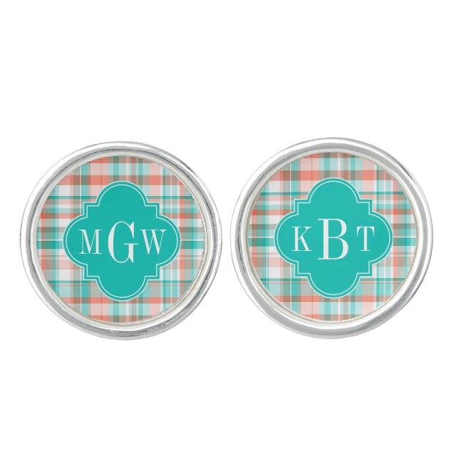 Teal Coral White Preppy Madras Monogram Cufflinks (Front)