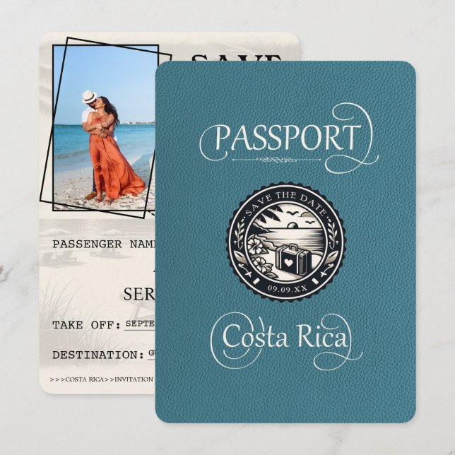 Teal Costa Rica Passport Save The Date (Front/Back)