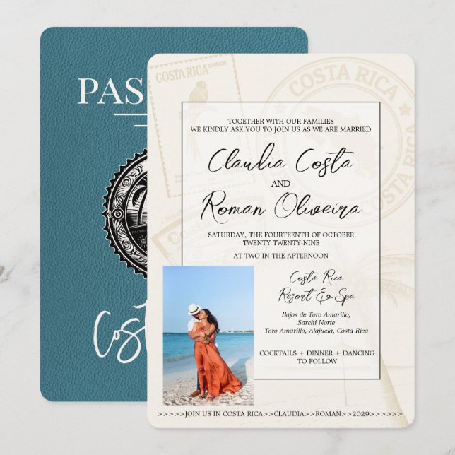 Teal Costa Rica Passport Wedding Invitation (Front/Back)